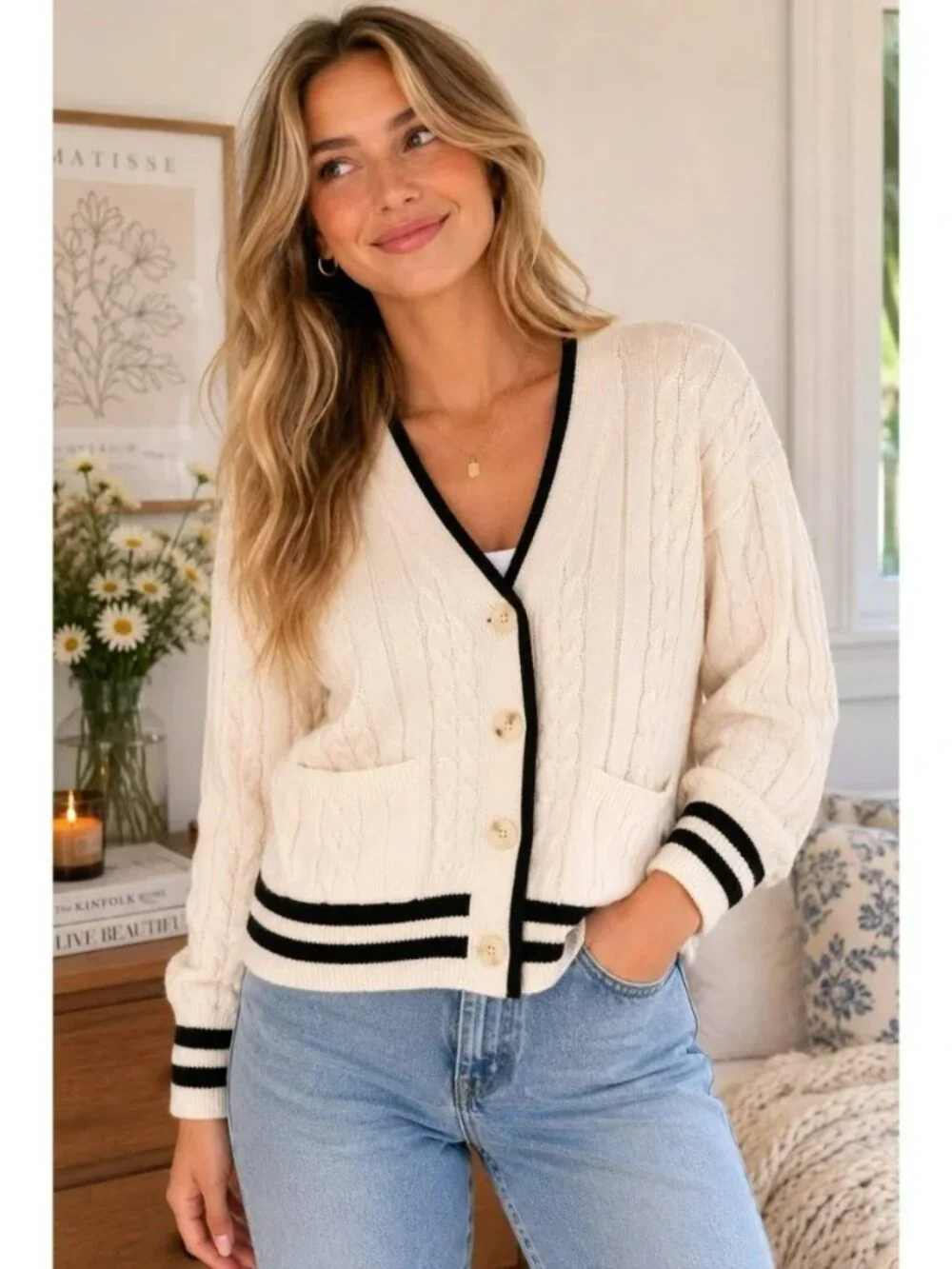 LOFT Cable Knit Varsity Cardigan Sweater Cream Black Stripes Size XSP